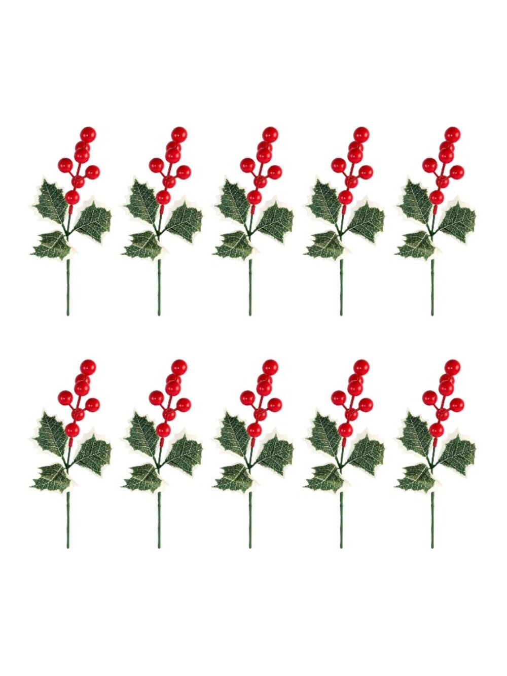 Artificial Holly Berry Picks, 10 Faux Stems, Variegated Leaves, 13 Inch Christma